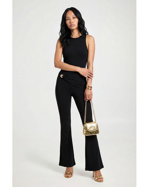 Boohoo Black Slinky Wrap Trim Detail Flare Trouser
