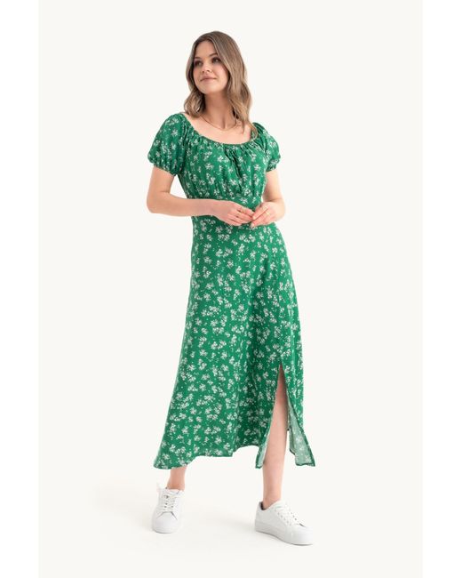 Hiccup Green Floral Off Shoulder Puff Sleeves Midi Dress With A Side Slit