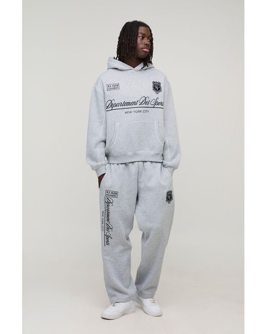 BoohooMAN Gray Oversized Boxy Sports Department Embroidered Hooded Tracksuit for men