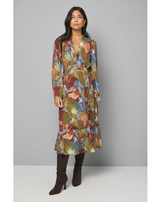 Wallis Multicolor Abstract Print Wrap Midi Dress