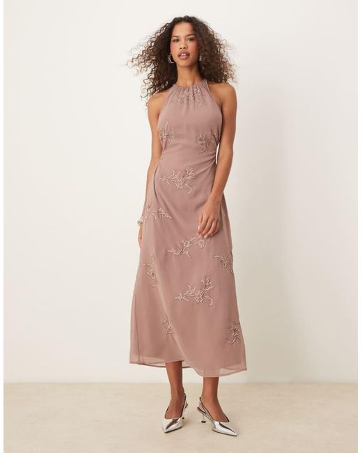 ASOS Pink All Over Floral Embroidered Halter Maxi Dress With Open Back