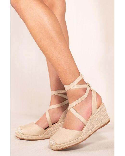Where's That From 'Juniper' Low Wedge Espadrille Sandals With Lace Up  Detail in Natural | Lyst UK