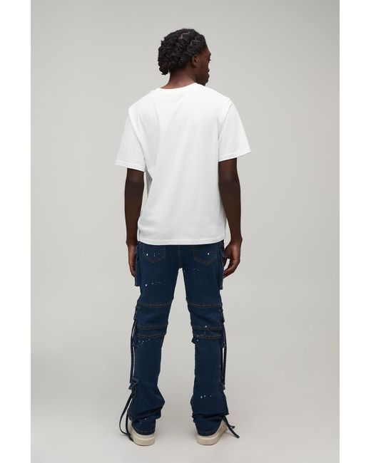 BoohooMAN Blue Washed Stacked Flare Strap Detail Cargo Jeans for men