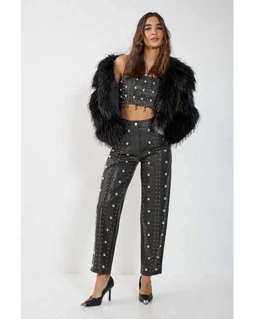 Nasty Gal Black Faux Leather Studded Straight Leg Pants
