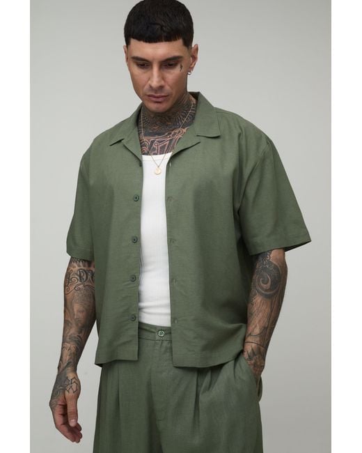 BoohooMAN Green Tall Oversized Boxy Short Sleeve Linen Blend Shirt for men