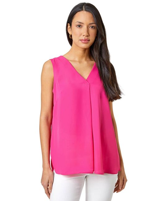 Roman Pink V-Neck Sleeveless Vest Pleat Top