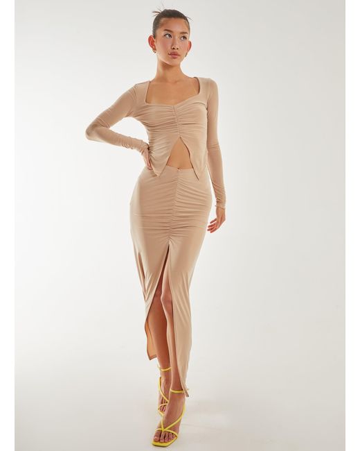 Pink Vanilla White Slinky Ruched Maxi Skirt