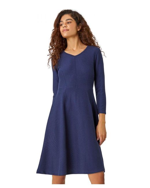 Roman Blue Cotton Blend Ribbed Stretch Dress