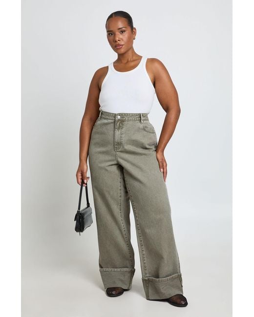 Boohoo Green Plus High Waist Turn Up Straight Leg Jean