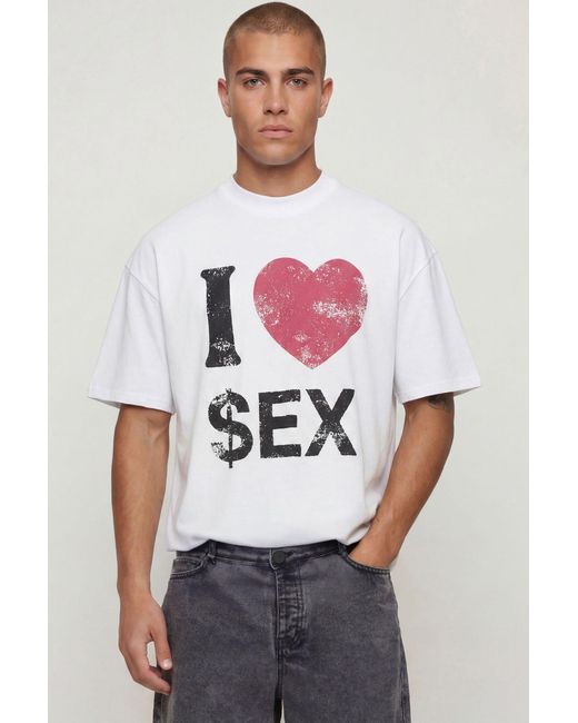 BoohooMAN White Oversized Boxy Heavyweight Sex Slogan T-Shirt for men