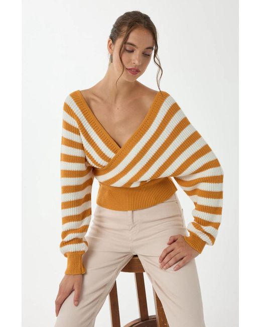 Hiccup Yellow Striped Cross Neck Sweater