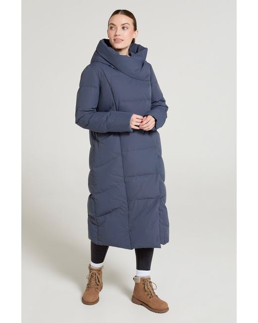 Mountain Warehouse Blue Cosy Wrap Long Down Jacket Water Resistant Hooded Full Zip Winter Coat
