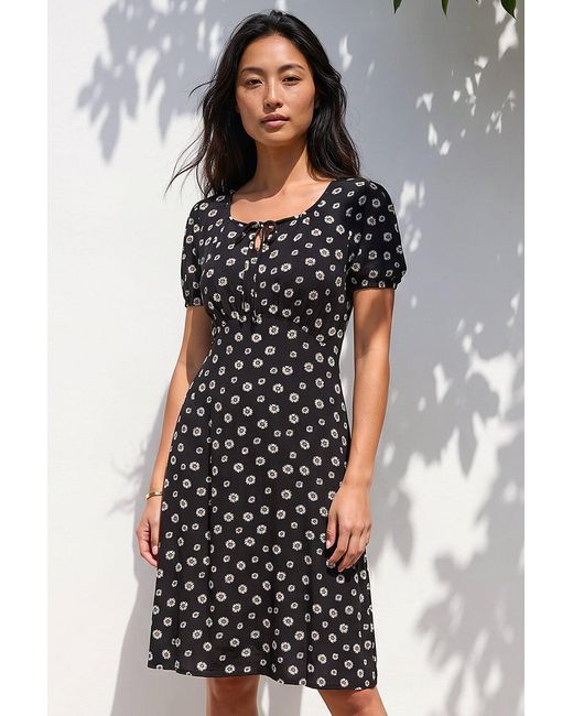 Roman Black Petite Ditsy Floral Tie Detail Dress