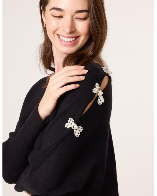 Blue Vanilla Black V-Neck Batwing Shoulder Pearl Detailing Jumper