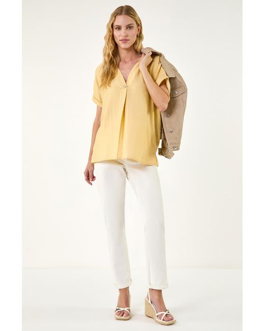 Roman Natural Pleat Front V-Neck Top