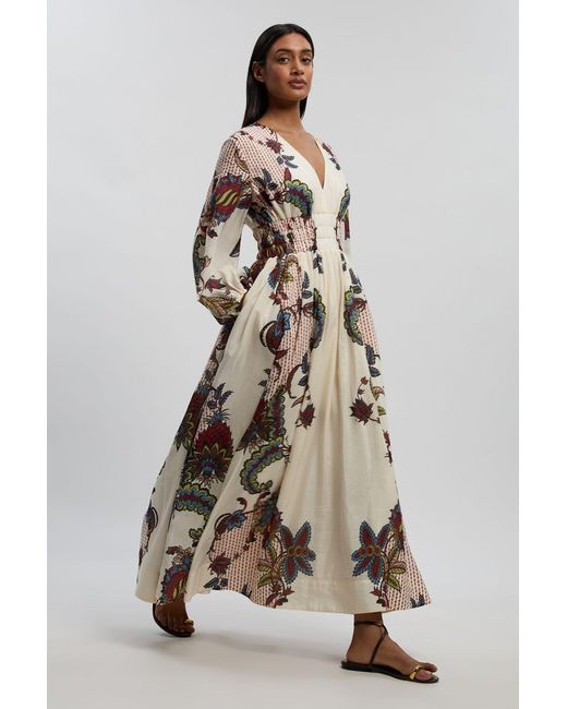 Karen Millen Natural Mirror Print Balloon Sleeve Silk Cotton Maxi Dress