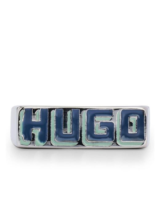 HUGO Blue Accessories Enamel Signet Ring With Logo for men
