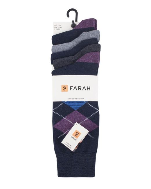 Farah Blue 5 Pack Thin Breathable Classic Argyle Patterned Soft Top Cotton Dress Socks for men