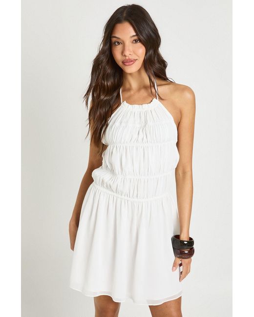 Boohoo White Chiffon Shirred Halterneck Mini Dress