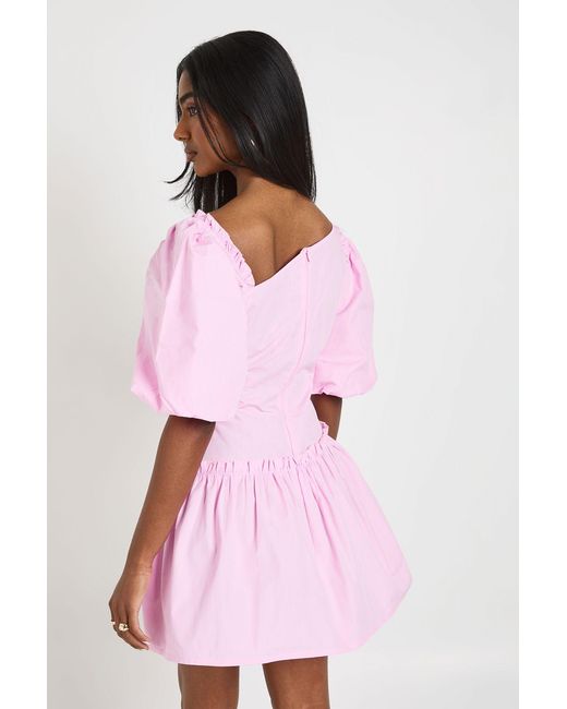 Boohoo Pink Puff Sleeve Asymmetric Neckline Mini Dress