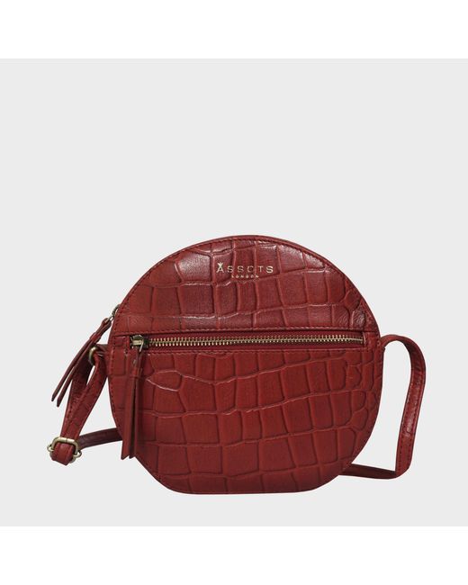 Assots London 'jane' Red Croc Leather Round Designer Crossbody Bag