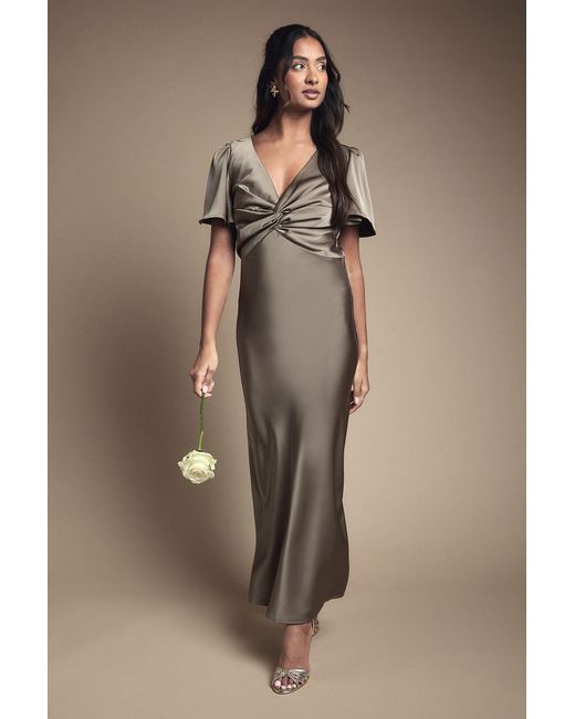Oasis Brown Satin Twist Front Angel Sleeve Midi Bridesmaid Dress