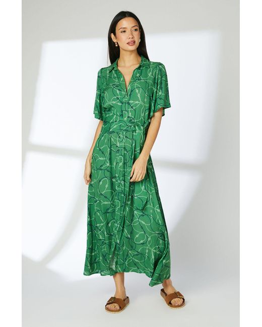 PRINCIPLES Green Geo Rope Print Tie Front Midi Shirt Dress Viscose