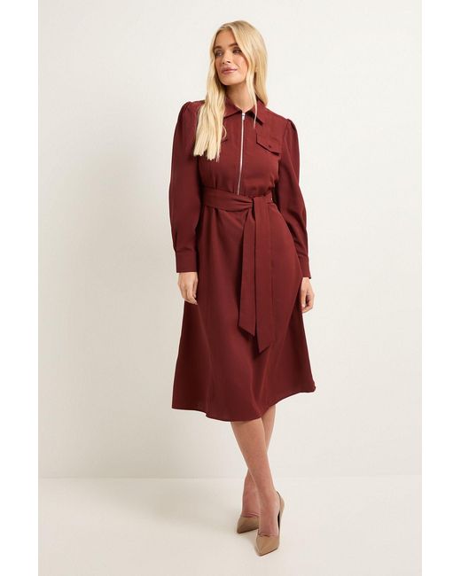 Wallis Red Petite Zip Front Crepe Shirt Midi Dress