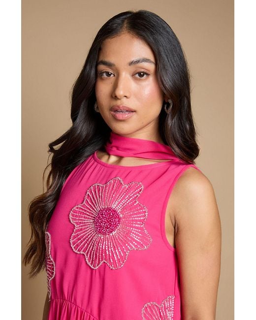 Oasis Pink Petite Scarf Detail Hand Stitched Midaxi Dress