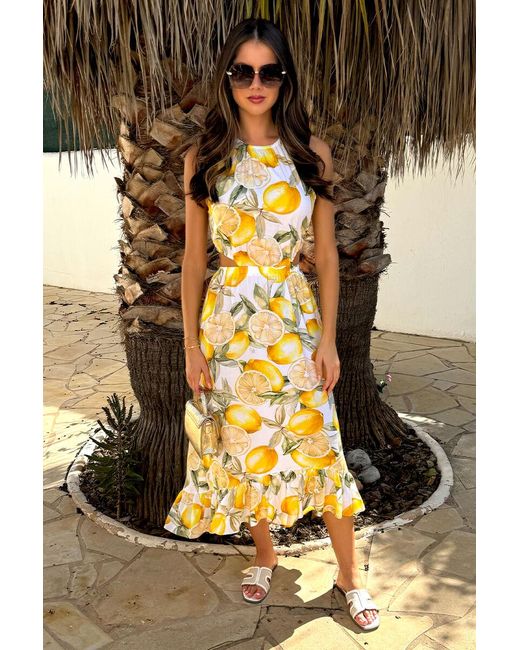 AX Paris Metallic Lemon Print Waist Cut Out Frill Hem Midi Dress