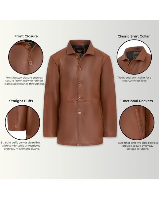 Infinity Leather Brown Long Collared Car Coat Jacket for men
