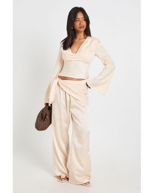 Boohoo Natural Petite Satin Tie Waist Wide Leg Trouser