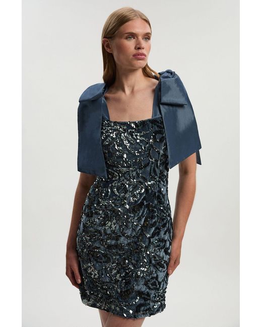 Karen Millen Blue Velvet Sequin Woven Mini Dress With Taffeta Bow Tie Detail