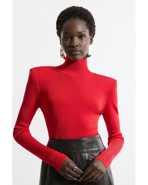 Karen Millen Red Slinky Drape Knit Power Shoulder Funnel Neck Top