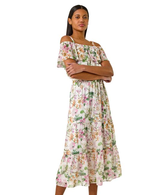Roman White Floral Print Bardot Midi Dress