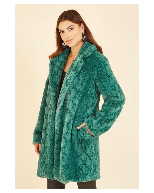 Yumi' Green Snakeskin Print Faux Fur Coat