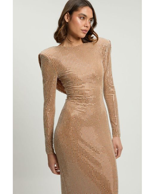 Karen Millen Natural Crystal Embellished Cowl Back Maxi Dress