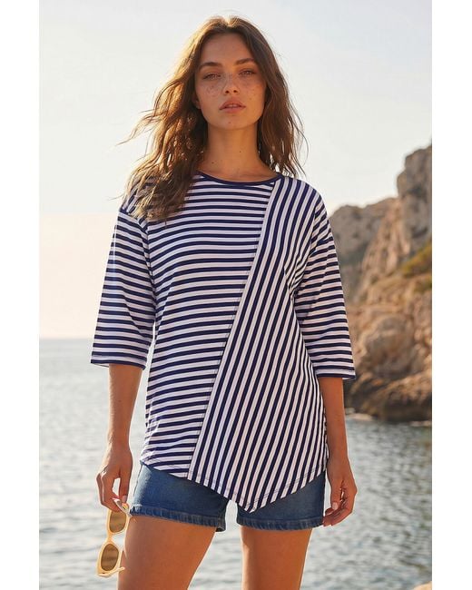 Roman Blue Petite Asymmetric Stripe Top