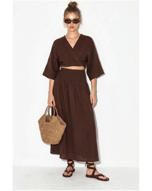 Bianco Lucci Brown Cotton Two-Piece Blouse And Midi Skirt Set