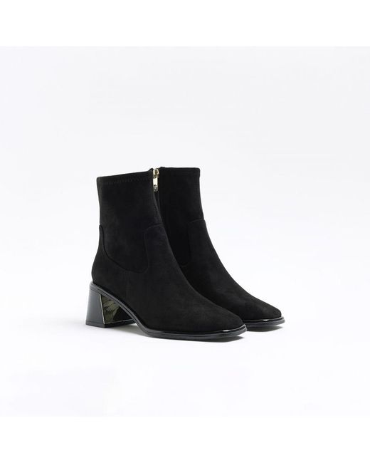 River Island Ankle Boots Black Block Heeled Suede