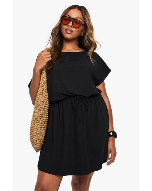 Boohoo Black Plus Rib Off Shoulder Tie Waist Mini Dress