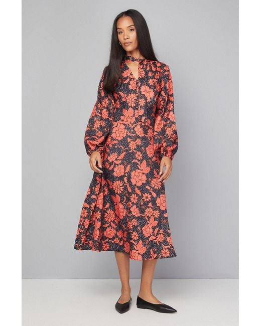 Wallis Red Floral Button Tie Neck Midi Dress