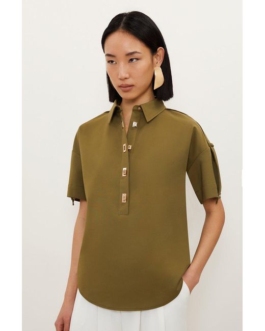 Karen Millen Green Techno Cotton Woven Short Sleeve Hardwear Detail Shirt