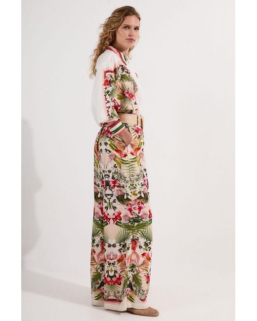 Karen Millen White Mirrored Viscose Linen Floral Print With Raffia Belt Woven Trouser