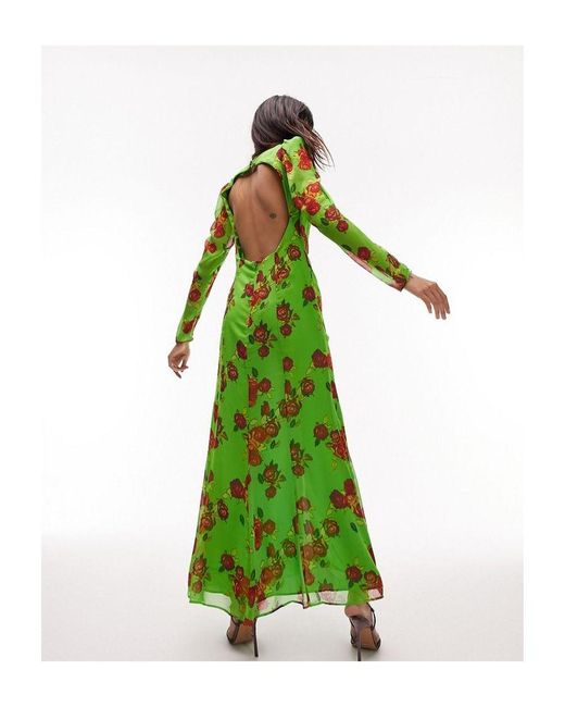 TOPSHOP Green Gathered Floral Open Back Long Sleeve Maxi Dress