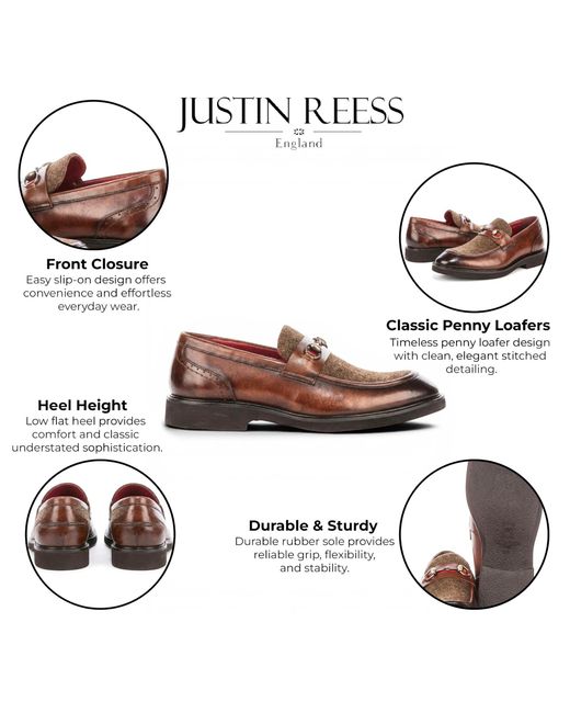 Justin Reess Brown Leather Herringbone Tweed Loafer Shoes for men