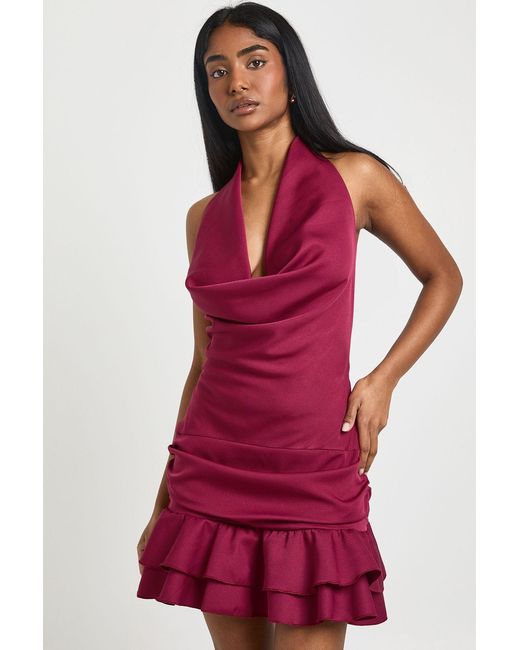 Boohoo Red Halterneck Ruched Drop Hem Mini Dress