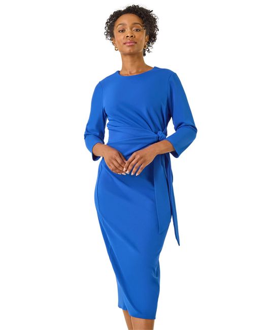 Roman Blue Petite Tie Waist Stretch Midi Dress