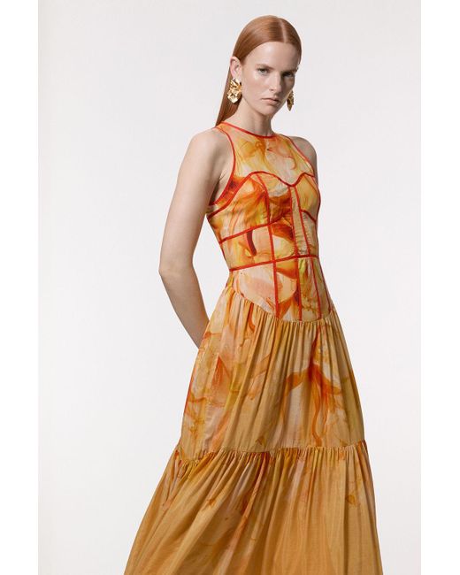 Karen Millen Orange Ombre Floral Silk Cotton Halter Maxi Dress