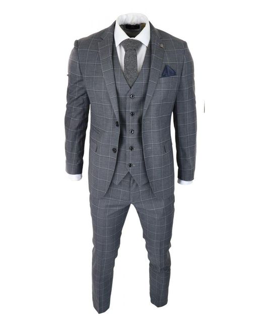 Paul Andrew Blue Suit 3 Piece Check Vintage Retro Smart Wedding Classic Tailored Fit for men